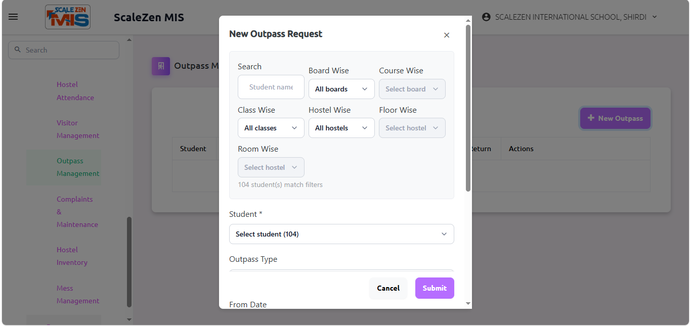 Outpass Management Screen